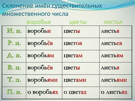 Употребление окончений в разных падежах и числах